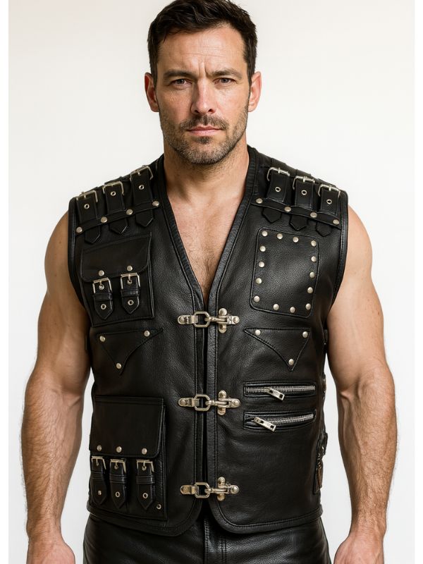 Buckled Leather Biker Vest – Gay Fetish Gear for Leathermen