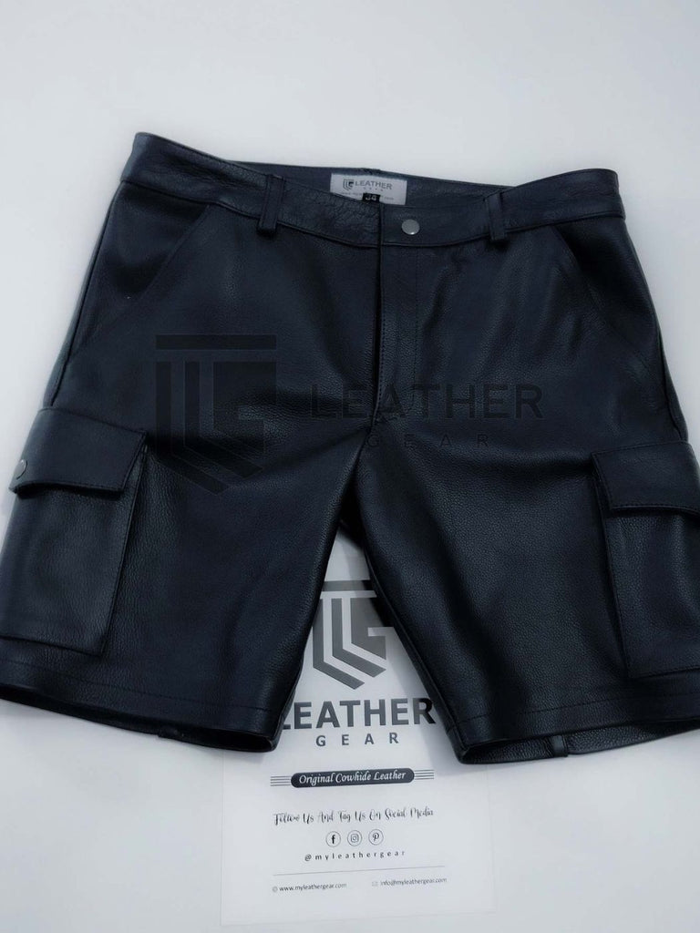 Men's Real Leather Black Cargo Shorts