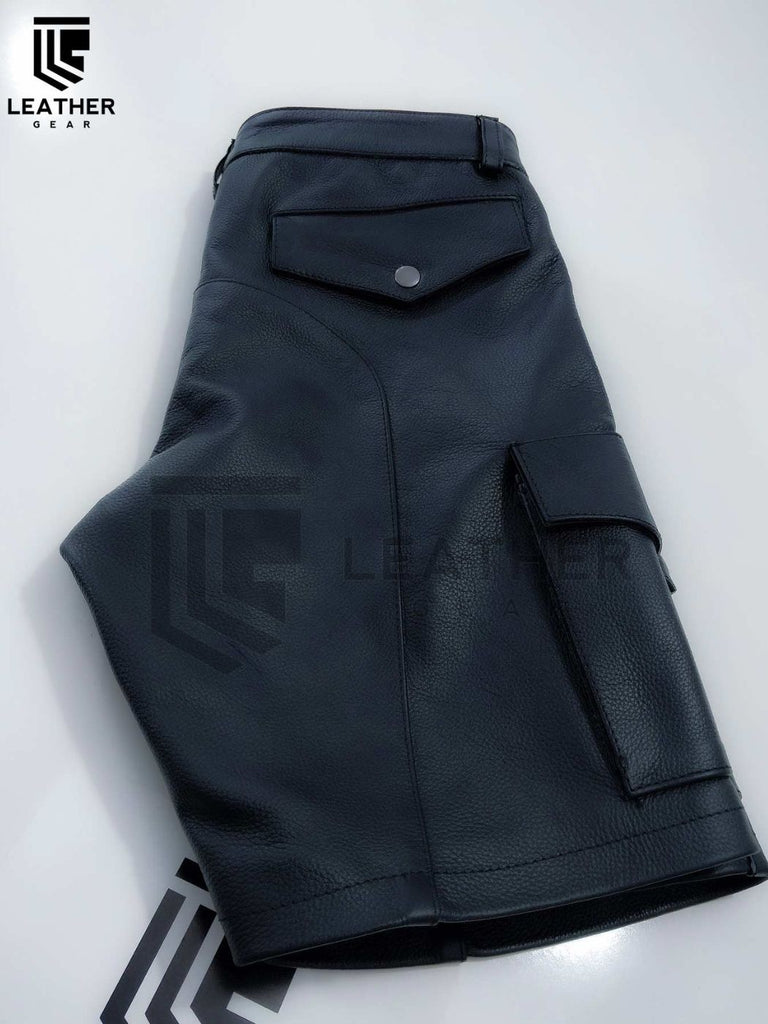 Men's Real Leather Black Cargo Shorts