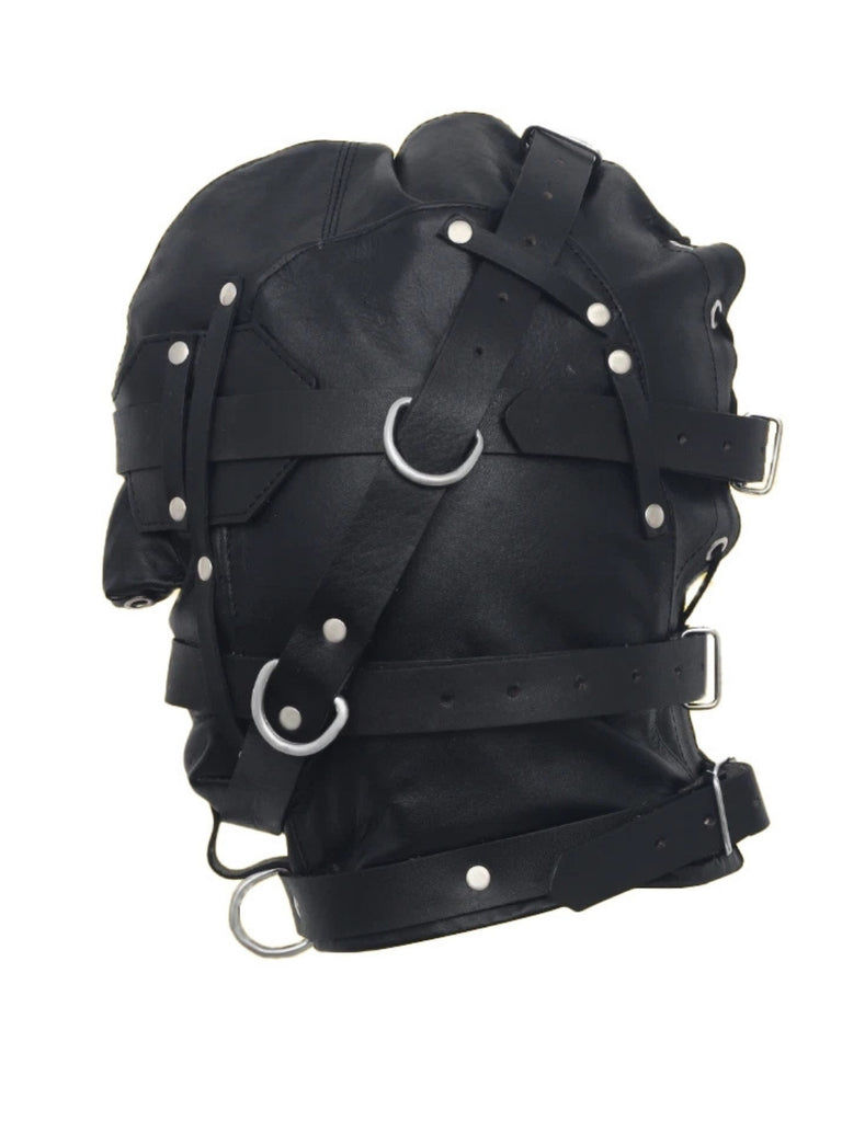 Classic Leather Bondage Mask side view with straps and D-rings by Leather Gear