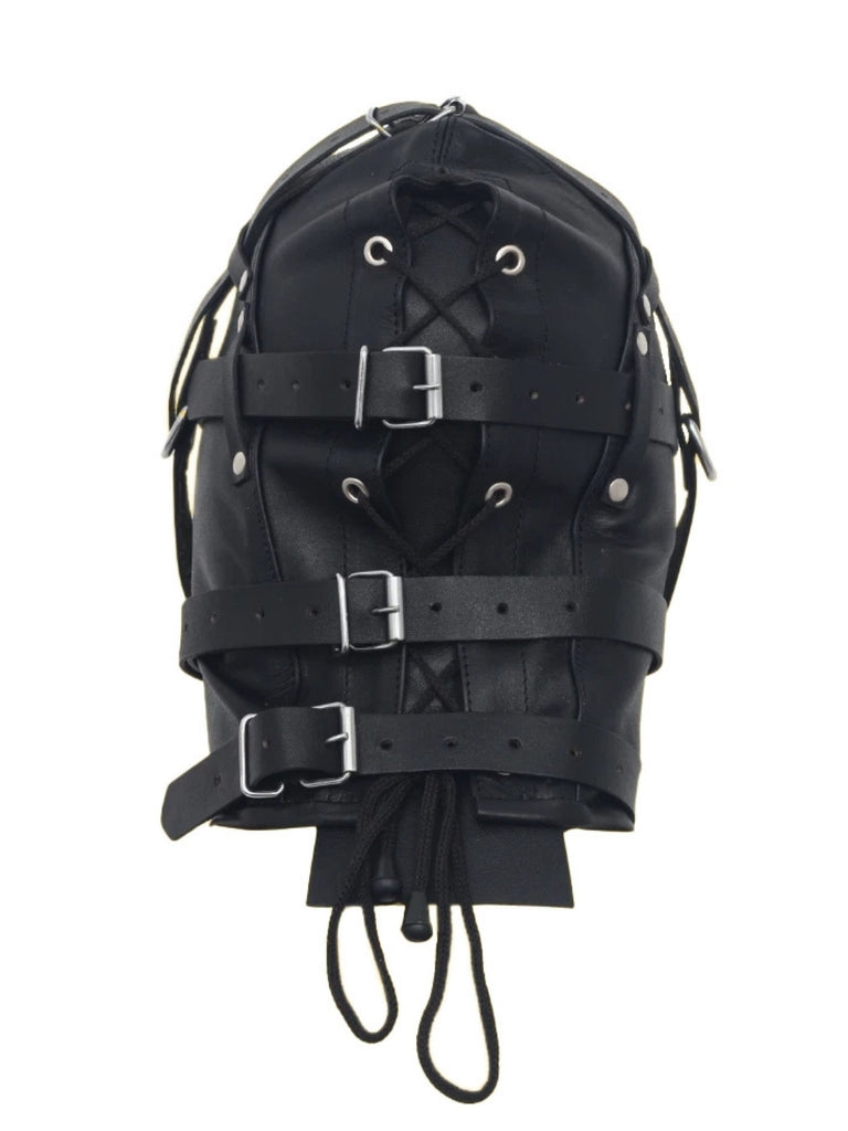 Back lace-up detail of black leather bondage hood