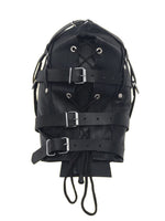 Load image into Gallery viewer, Back lace-up detail of black leather bondage hood

