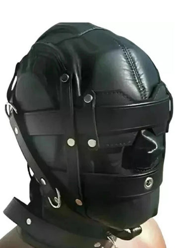 Full-face BDSM mask in premium black leather by my leather gear