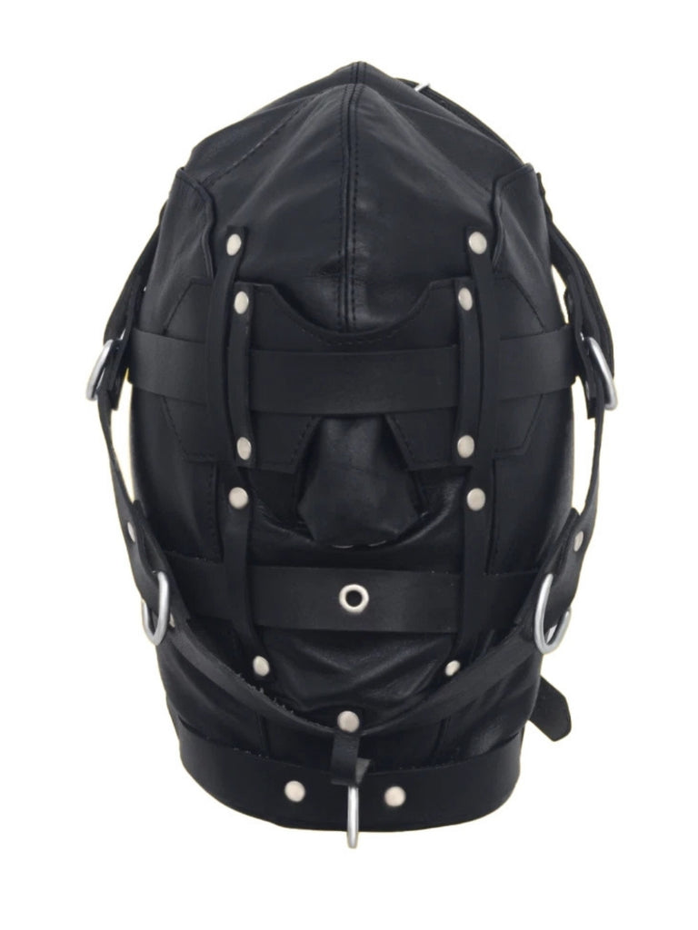 Front view of fetish hood with buckles and reinforced rivets by My Leather Gear
