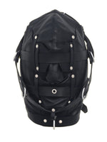 Load image into Gallery viewer, Front view of fetish hood with buckles and reinforced rivets by My Leather Gear
