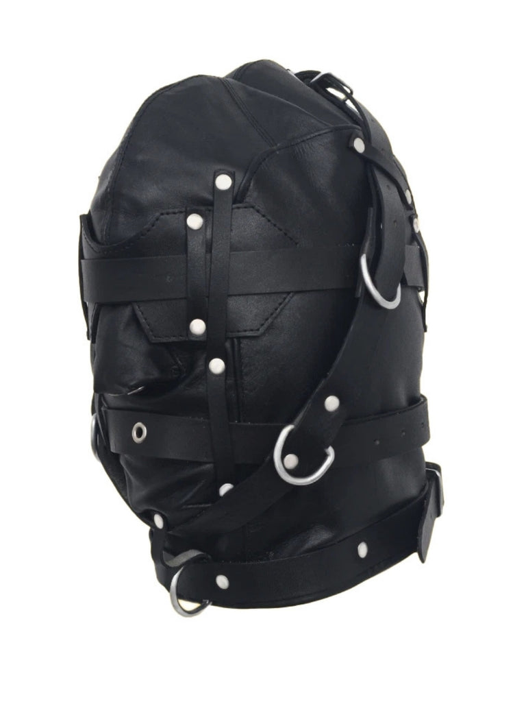 Leather bondage hood with multiple straps and rings