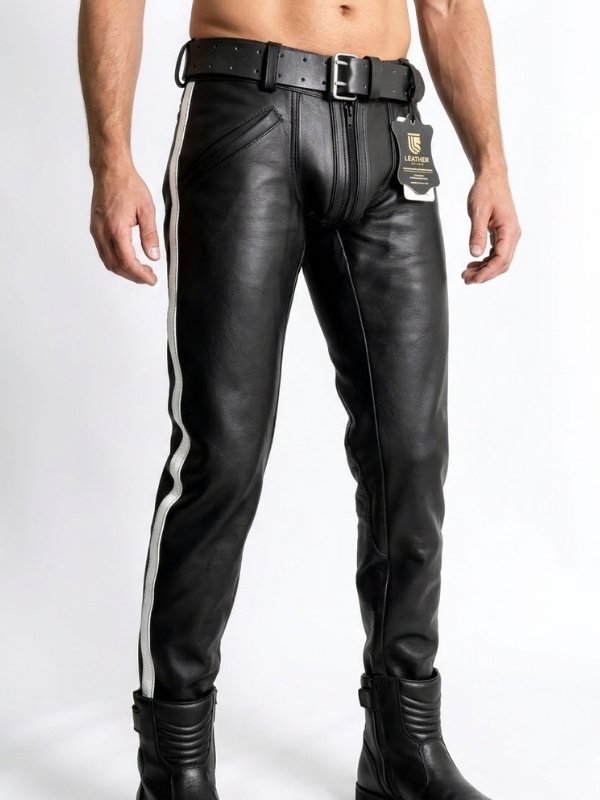Black leather pants with a white stripe on a white background