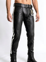 Charger l'image dans la galerie, Black leather pants with a white stripe on a white background

