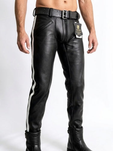 Black leather pants with a white stripe on a white background