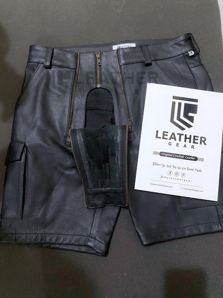 Dual Zipper Access Leather Cargo Shorts
