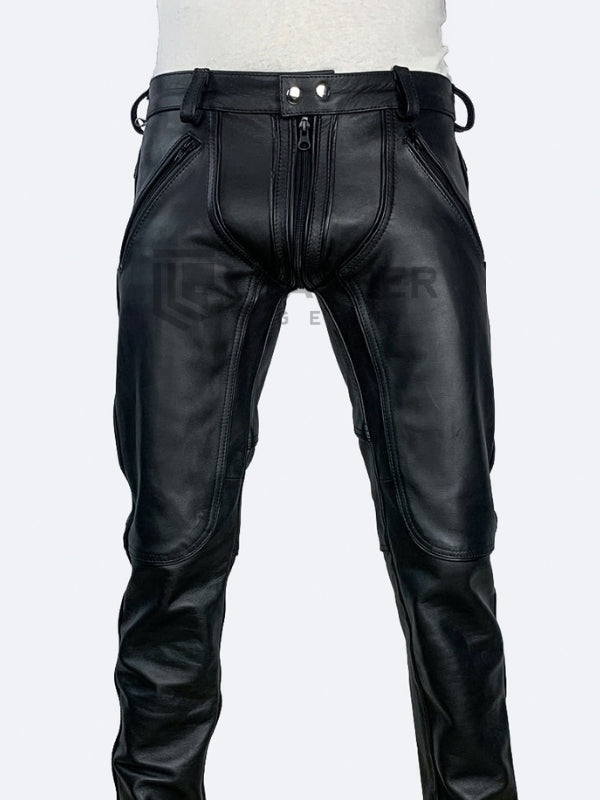 Front view of tight black gay leather pants for leathermen – Leather Gear