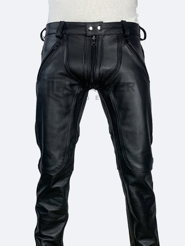 Front view of tight black gay leather pants for leathermen – Leather Gear
