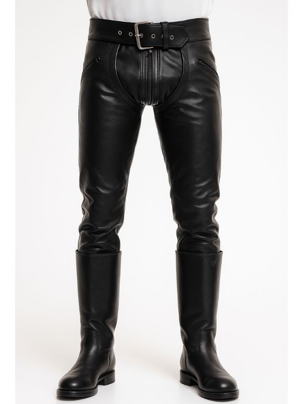 Gay leatherman wearing black leather convertible chaps pants in front view