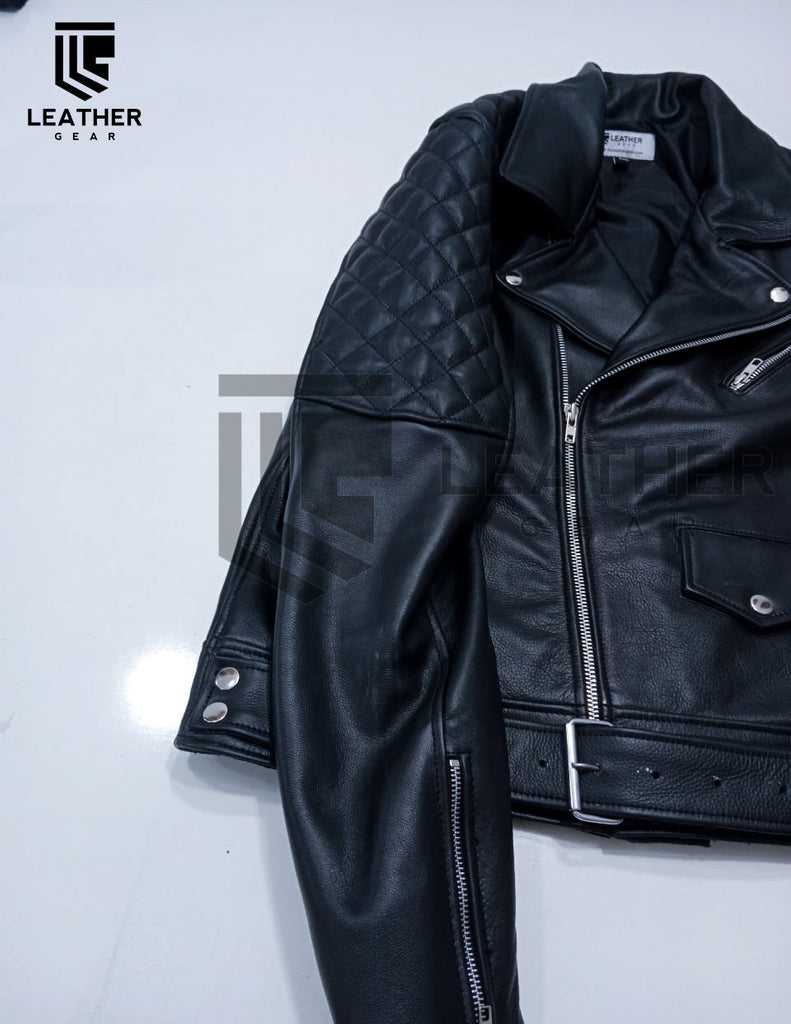 BLUF leather fetish jacket laid flat with arm extended over front – rugged cowhide design for leathermen