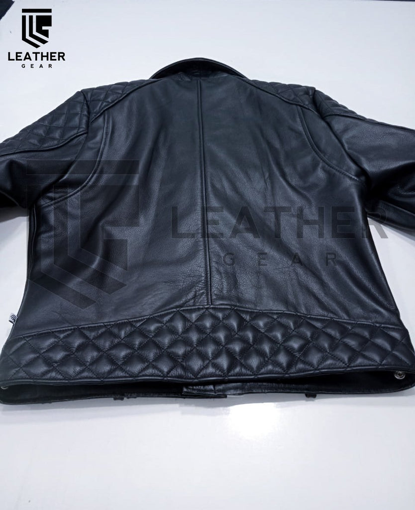 Back side of BLUF-style leather jacket laid flat – padded back waistband and structured fit