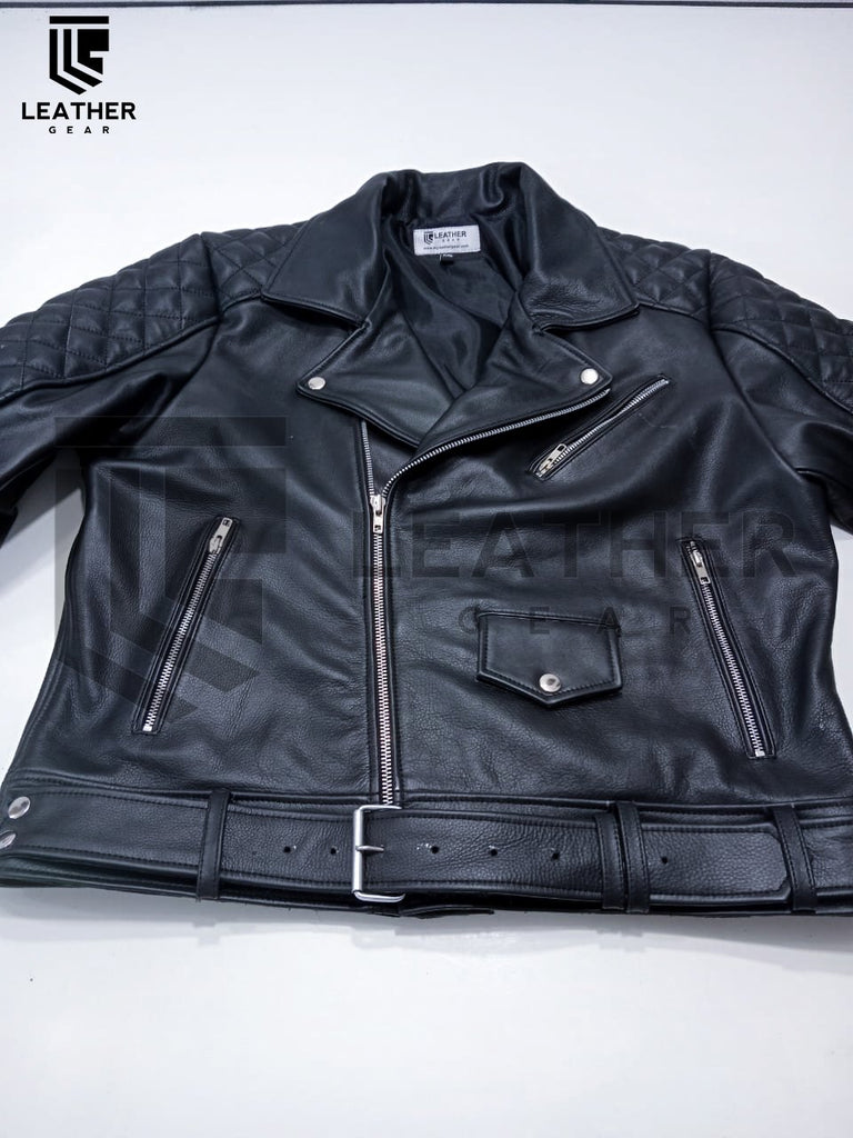Black Leather BLUF Jacket laid flat showing full front design with belt and three zipper pockets – gay leatherwear