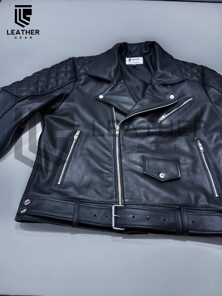 Gay fetish Leather BLUF Jacket flat on surface with visible front belt and satin lining