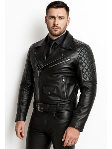 Model wearing black leather BLUF jacket with padded shoulders, gay leather uniform for leathermen, BDSM fetish clothing, motorcycle biker gear.