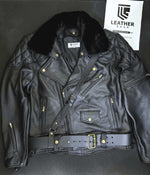Load image into Gallery viewer, Commanding front pose in gay leather biker uniform jacket with padded shoulders and removable fur collar by Leather gear
