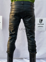 Load image into Gallery viewer, Back view of men&#39;s black leather jeans pants showing sculpted seat fit – Leather Gear design
