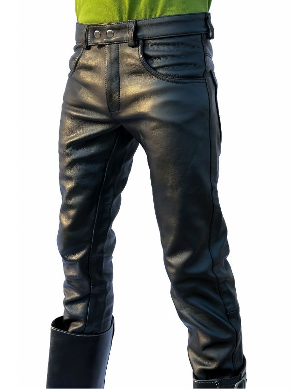 Front view of a gay man wearing black leather jeans pants with button fly – Leather Gear classic fetishwear