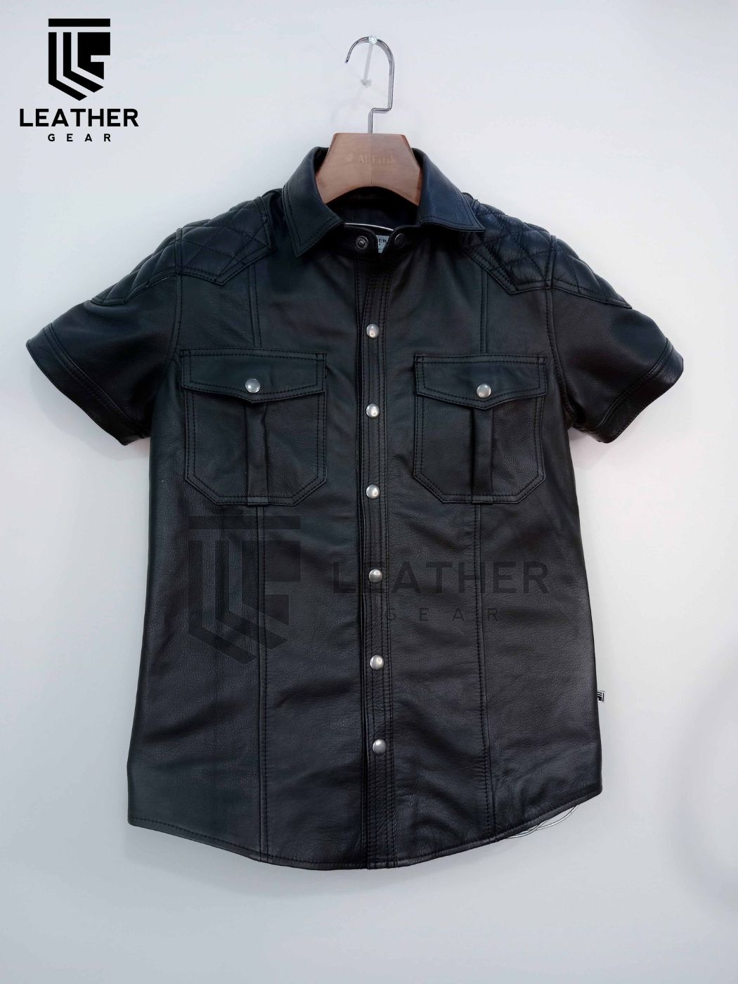 Men's Genuine Leather Quilted Short Sleeve Shirt