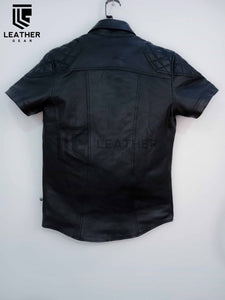 Men's Genuine Leather Quilted Short Sleeve Shirt