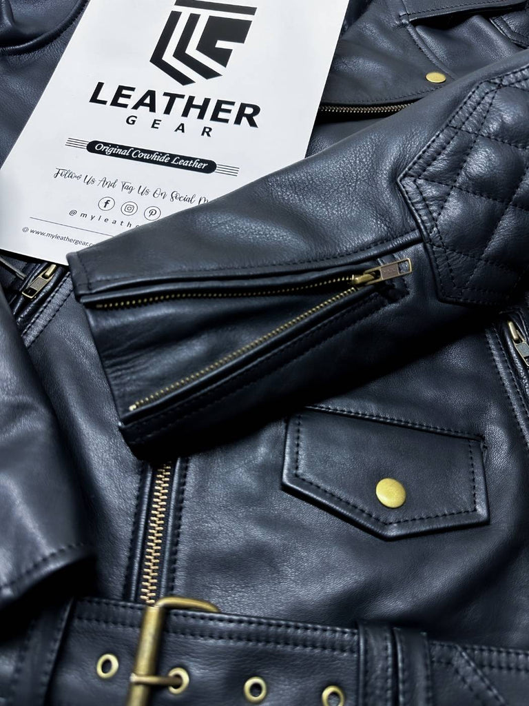 Close-up of a leather jacket with a visible brand label.