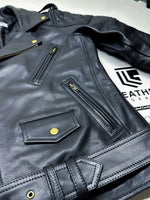 Load image into Gallery viewer, Angled front shot of gay leather police jacket with epaulettes and waist belt – BLUF uniform fashion
