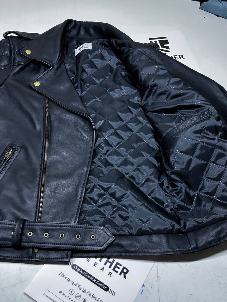 Front view of BLUF cop-style black leather jacket with silver zipper and chest pocket – gay leather fetish gear