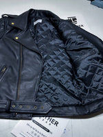 Load image into Gallery viewer, Front view of BLUF cop-style black leather jacket with silver zipper and chest pocket – gay leather fetish gear
