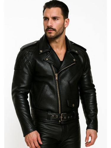 Model wearing BLUF cop style black leather uniform jacket — gay leather fetish clothing, leather gear for leathermen and BLUF enthusiasts.