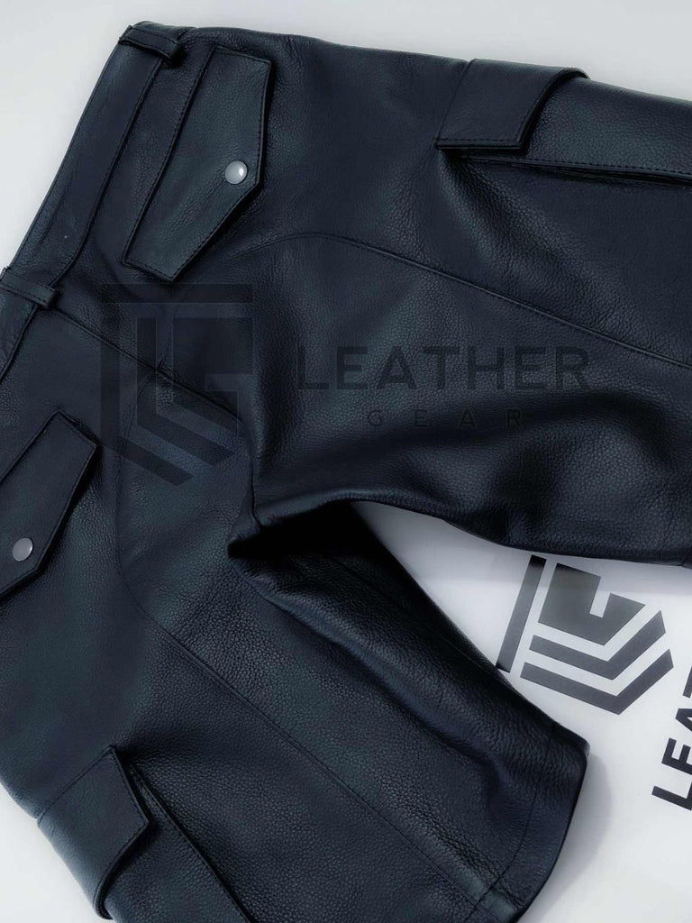 Men's Real Leather Black Cargo Shorts