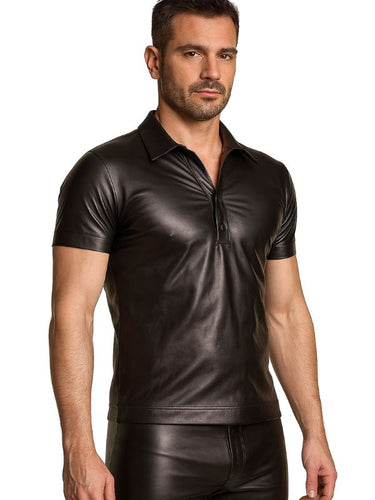 Model wearing casual black leather polo shirt – gay leather shirt, leather gay gear, fetishwear for gay men.