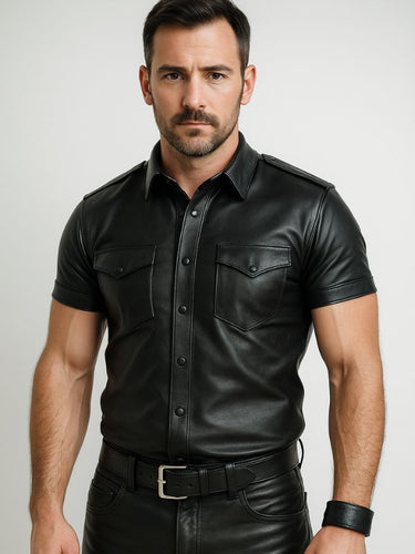 Gay leather fetish shirt — front view, model wearing Classic Black Leather Shirt for BLUF and gay leathermen.