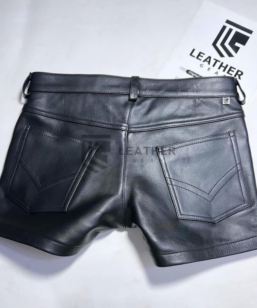 Flat lay back of leather shorts for men – smooth cowhide finish, structured rear fit, essential gayshop fetishwear