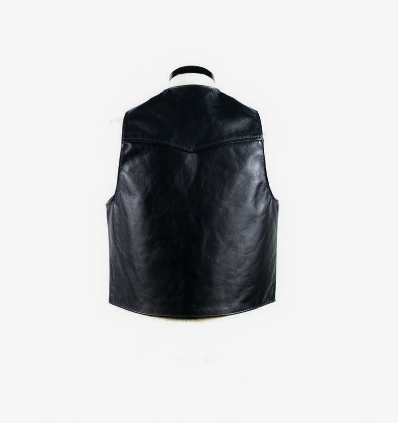 Back view of classic black leather waistcoat-style vest for gay leathermen and motorcycle fetish looks – Leather Gear.