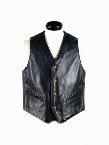 Front view of black leather biker vest with stud-fastened closure and structured fetishwear cut – Leather Gear