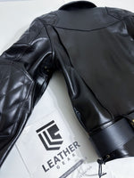 Load image into Gallery viewer, Black leather jacket on a white surface with 'Leather Gear' branding.
