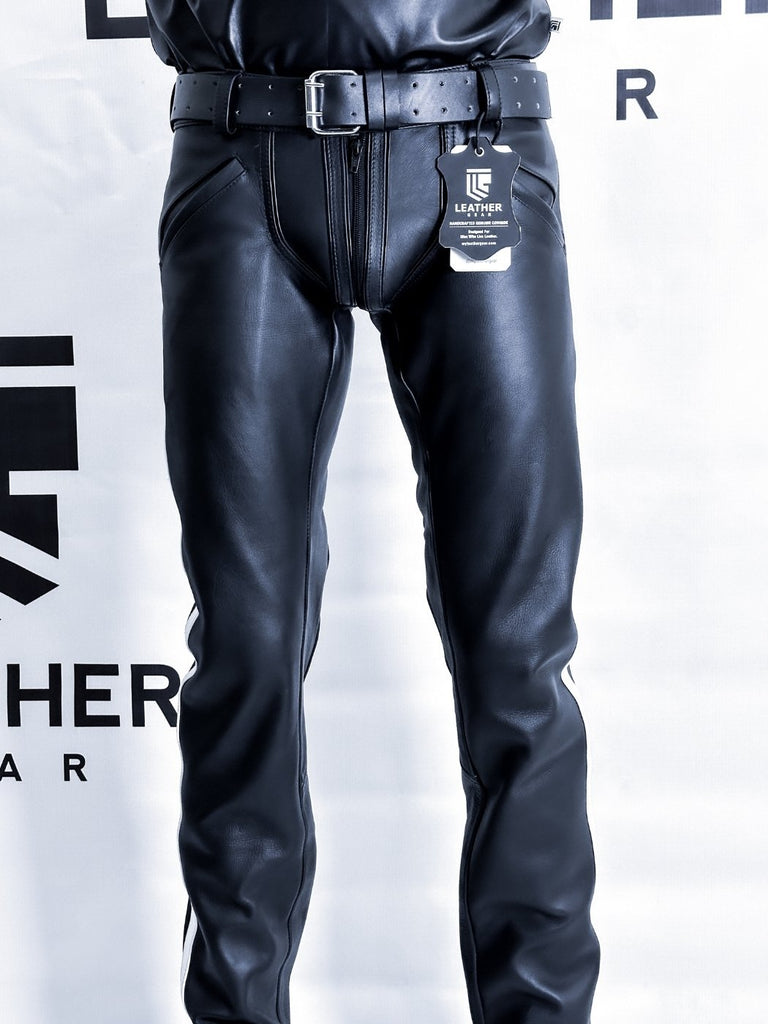 Black leather pants with a visible brand tag on a white background