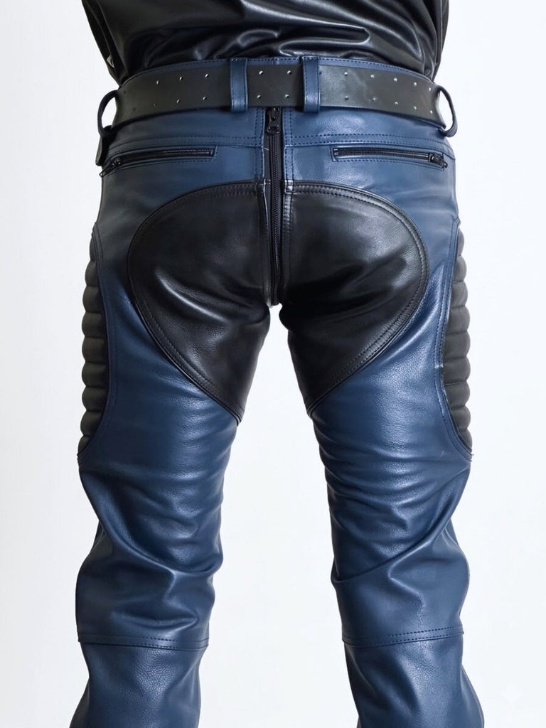 Blue leather motorcycle pants with black accents on a white background