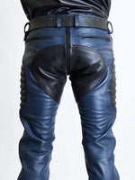 Charger l'image dans la galerie, Blue leather motorcycle pants with black accents on a white background
