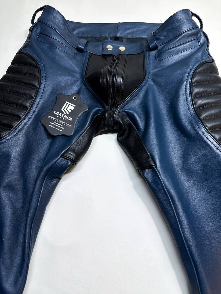 Blue leather pants with black accents on a white background