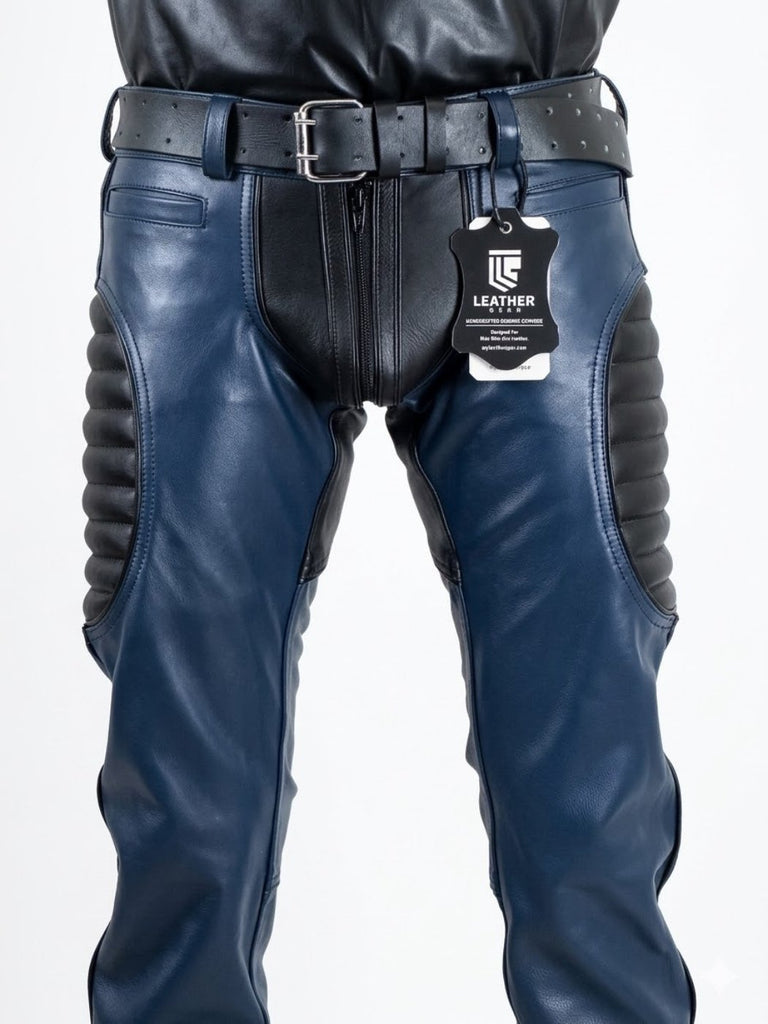 Blue leather pants with a visible brand tag on a white background
