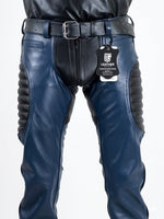Charger l'image dans la galerie, Blue leather pants with a visible brand tag on a white background
