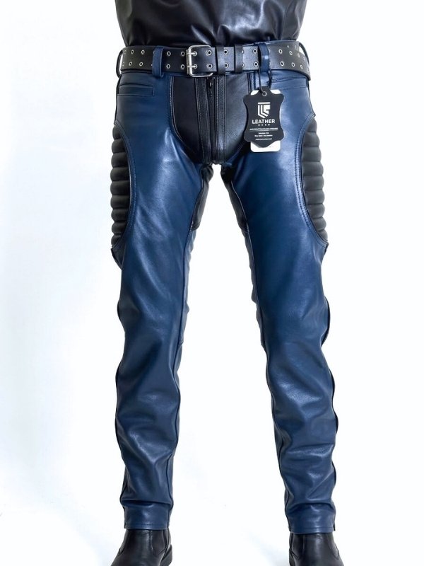 Blue leather pants with protective padding on a white background