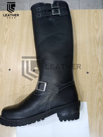 Load image into Gallery viewer, Flat lay side view of black engineer-style gay fetish boot – handcrafted leather boot for black gay leather uniform and biker outfits
