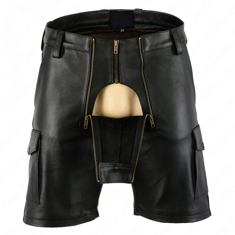 Dual Zipper Access Leather Cargo Shorts