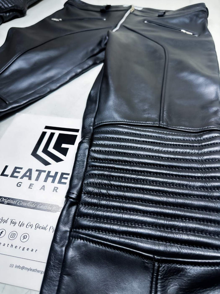 Black leather jacket with visible stitching on a white background, featuring 'Leathe Gear' branding.