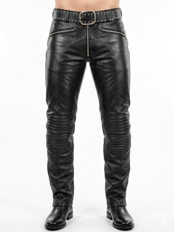 Front view of Gay Leather Biker Pants in black cowhide with ribbed knees and ass saddle – worn by leatherman.